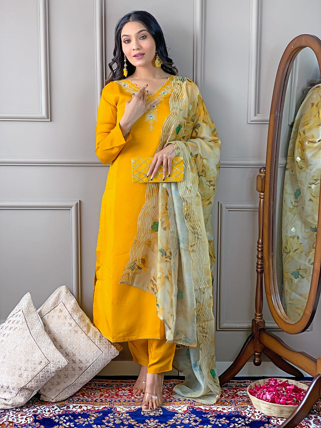 The52 Gorgeous Embroidered Viscose Fabric Straight Kurta, Pant and Dupatta Set
