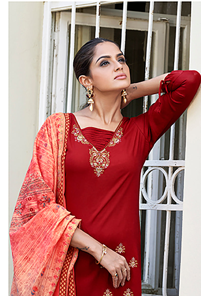 Monjolika Fashion Red Color Rayon Cotton Embroidered Ceremonial Salwar Suit