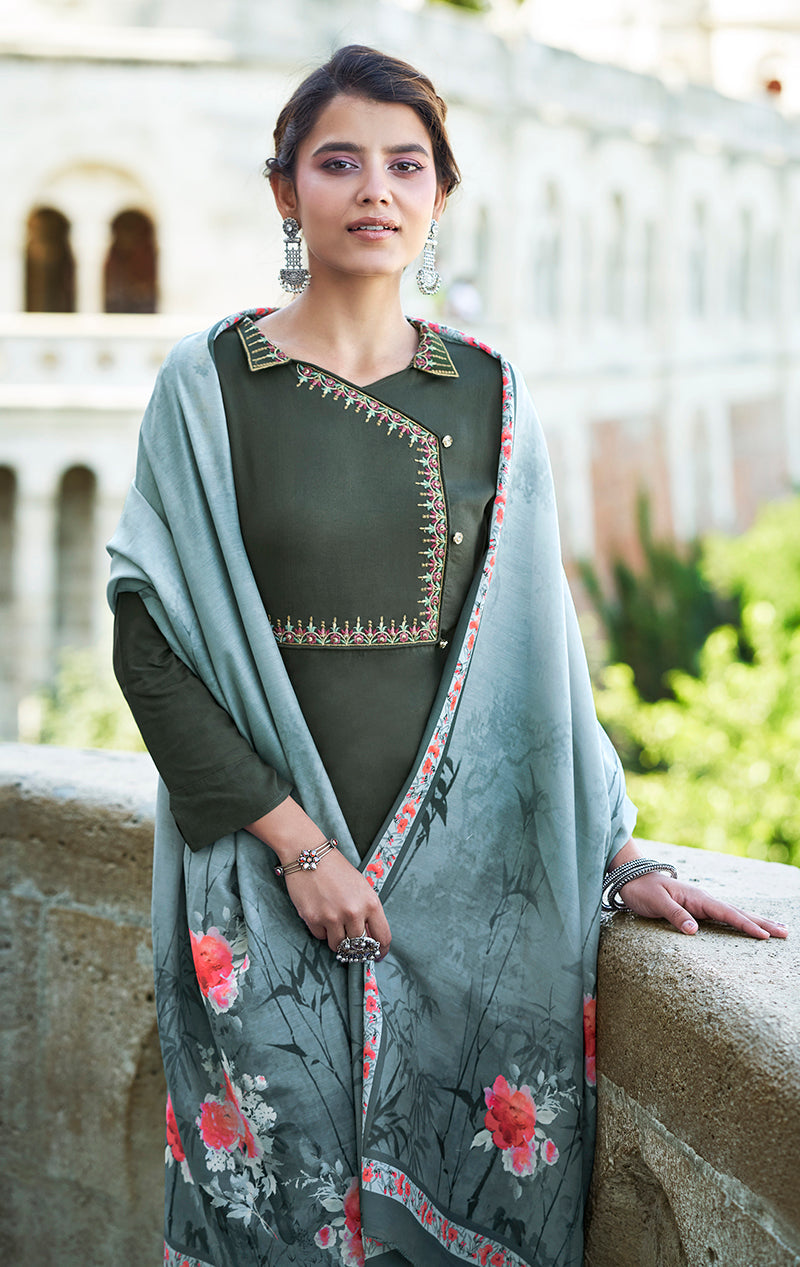 Monjolika Fashion Dark Sea Green Color Rayon Cotton Embroidered Ceremonial Salwar Suit
