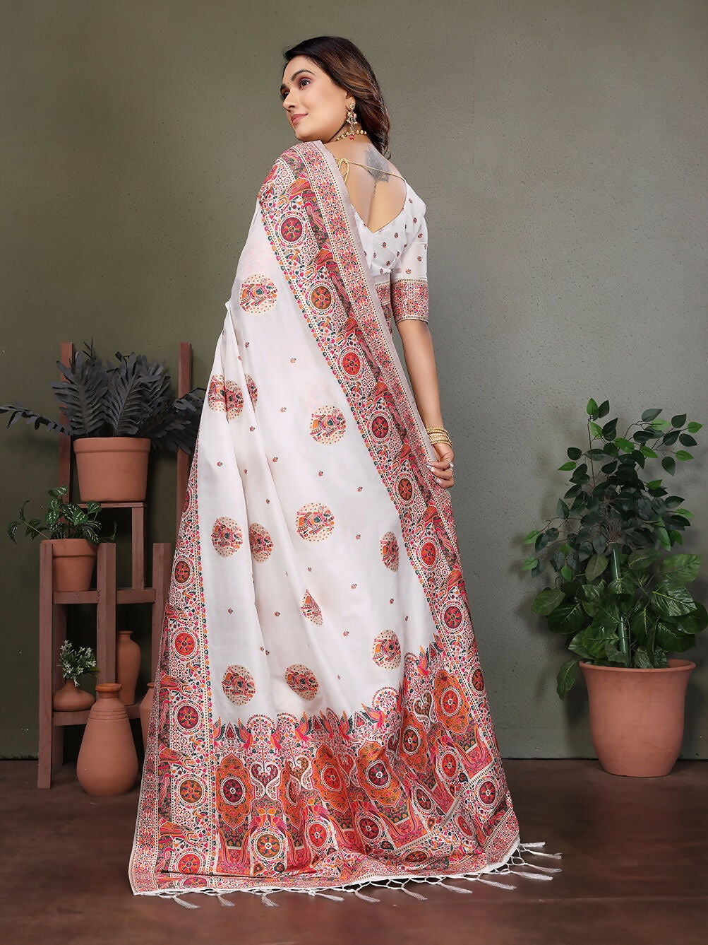 Joban Fashion White Thread Woven Pashmina Sarees