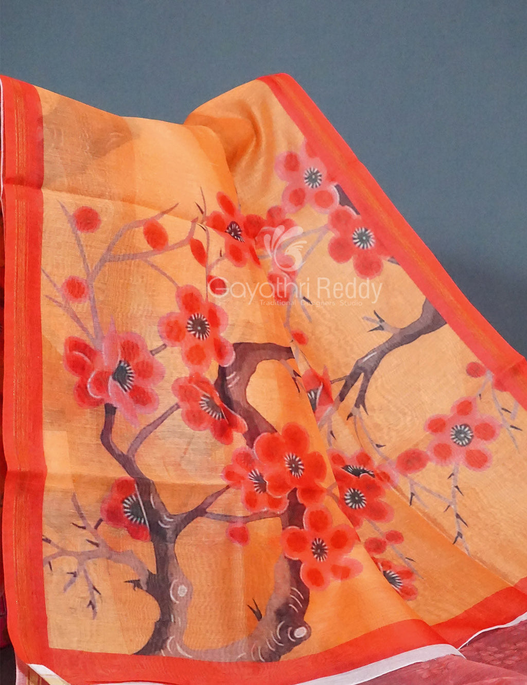 Shades of Light Orange Floral Print Semi Chanderi Saree By Gayathri Reddy Designer Studio