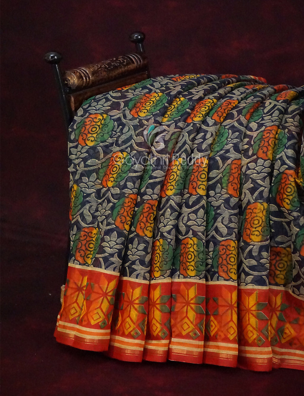 Shades of Dark Navy Blue With Orange Blouse Creeper Design Semi Chanderi Saree By Gayathri Reddy Designer Studio