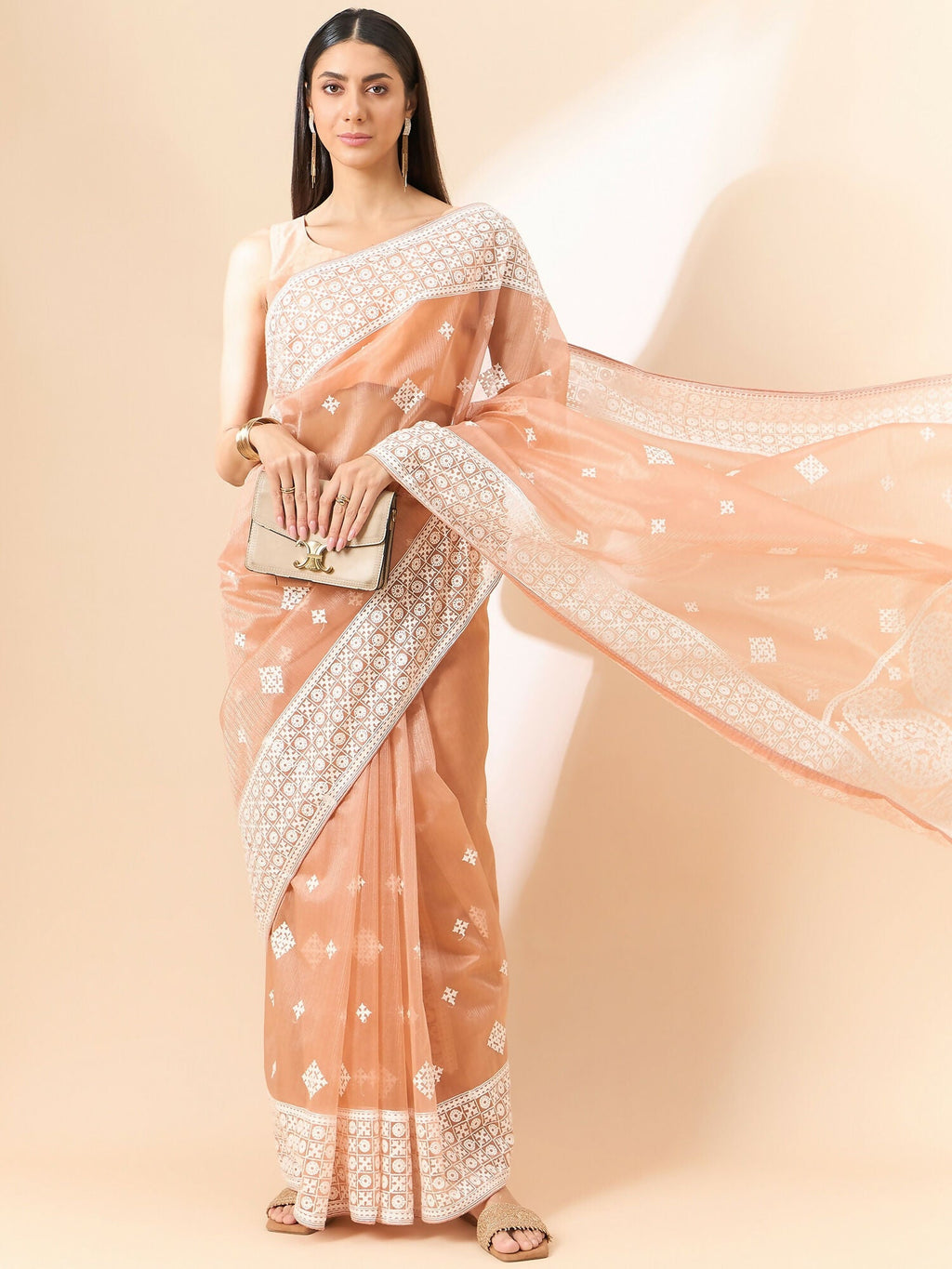 Peach Organza Geometric Embroidered Saree with Unstitched Blouse Piece - Roozal