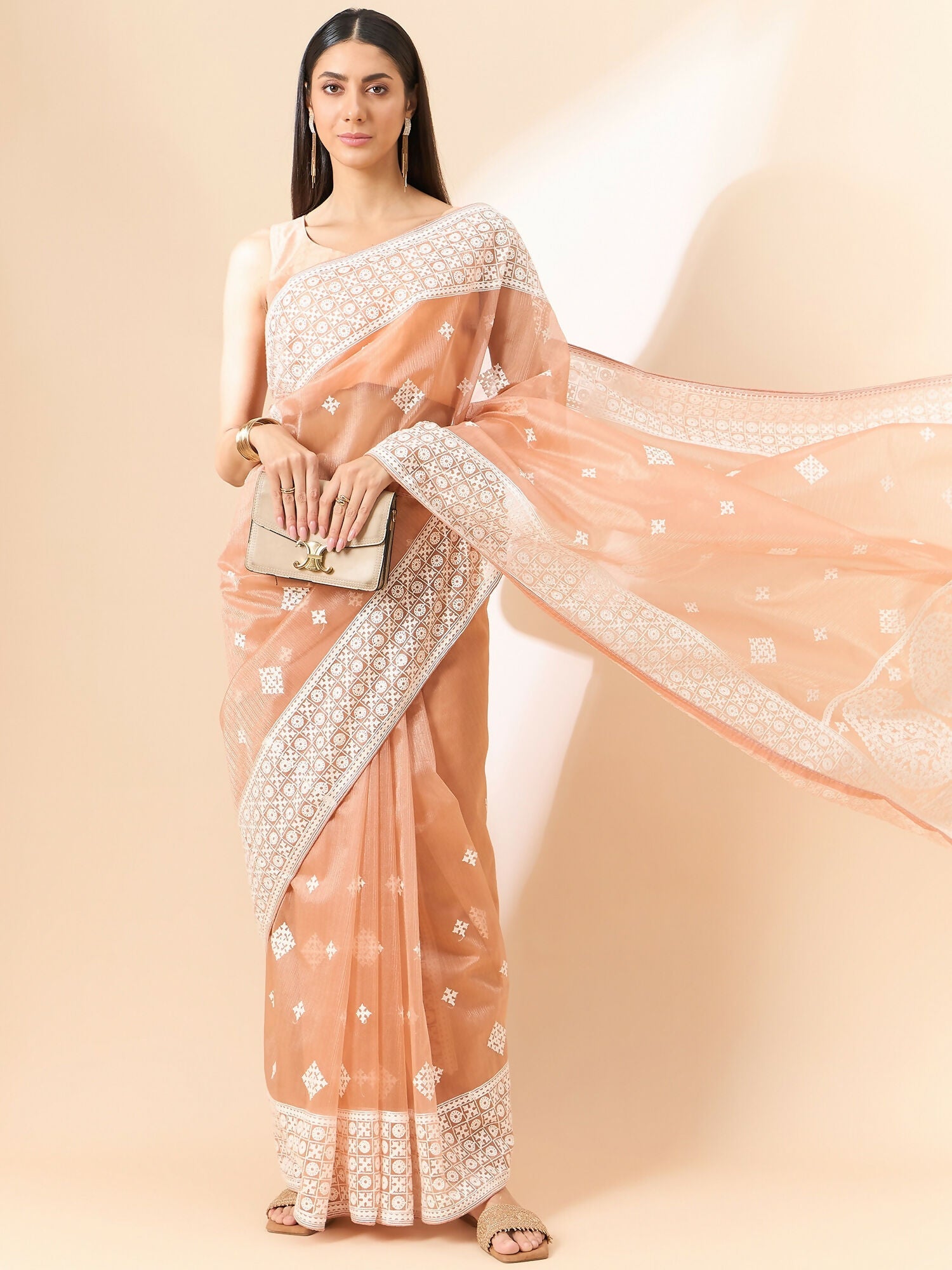 Peach Organza Geometric Embroidered Saree with Unstitched Blouse Piece - Roozal