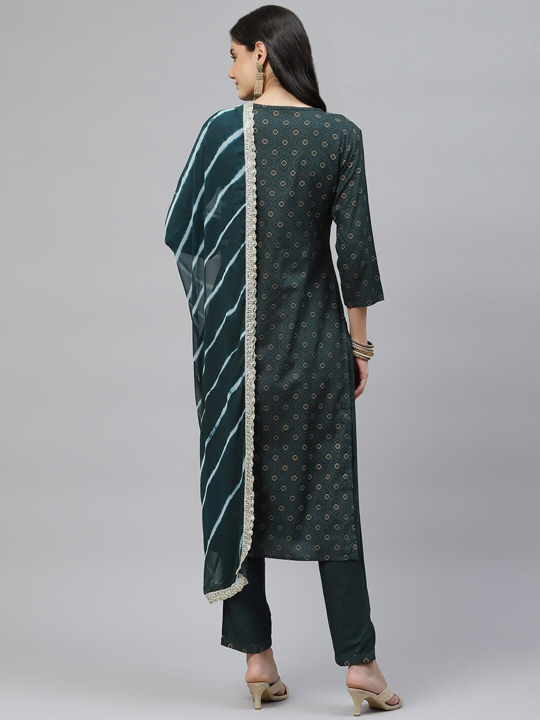 HERE&NOW Women Green Embroidered Straight Kurta with Trousers & With Dupatta