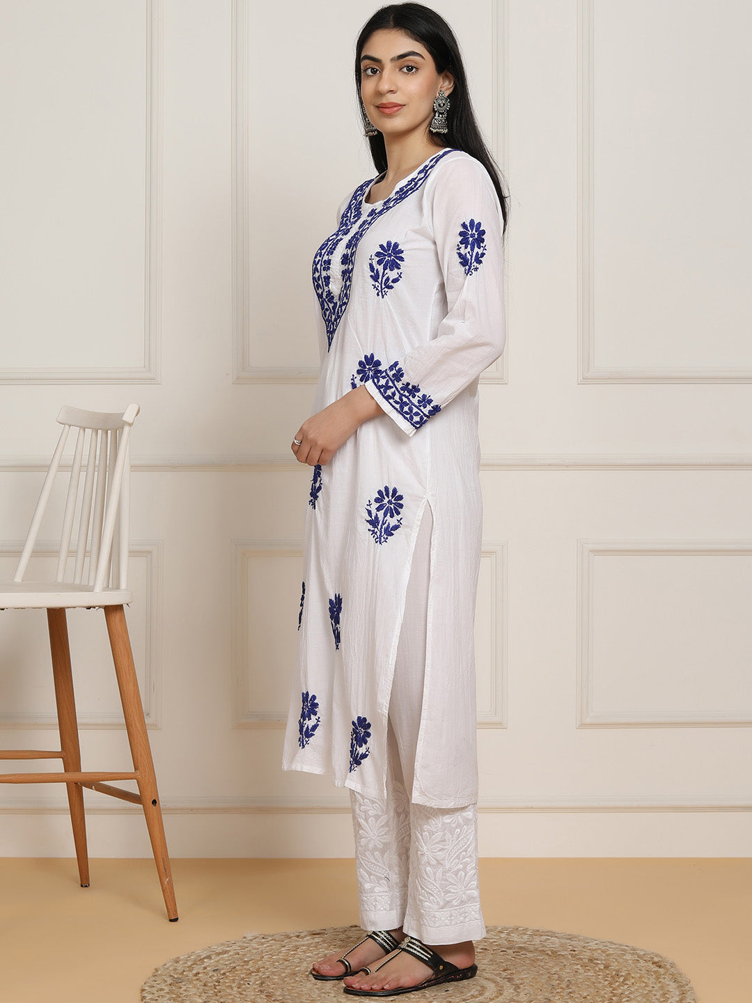 HOUSE OF KARI Women Ethnic Motifs Embroidered Regular Chikankari Pure Cotton Kurta with Trousers