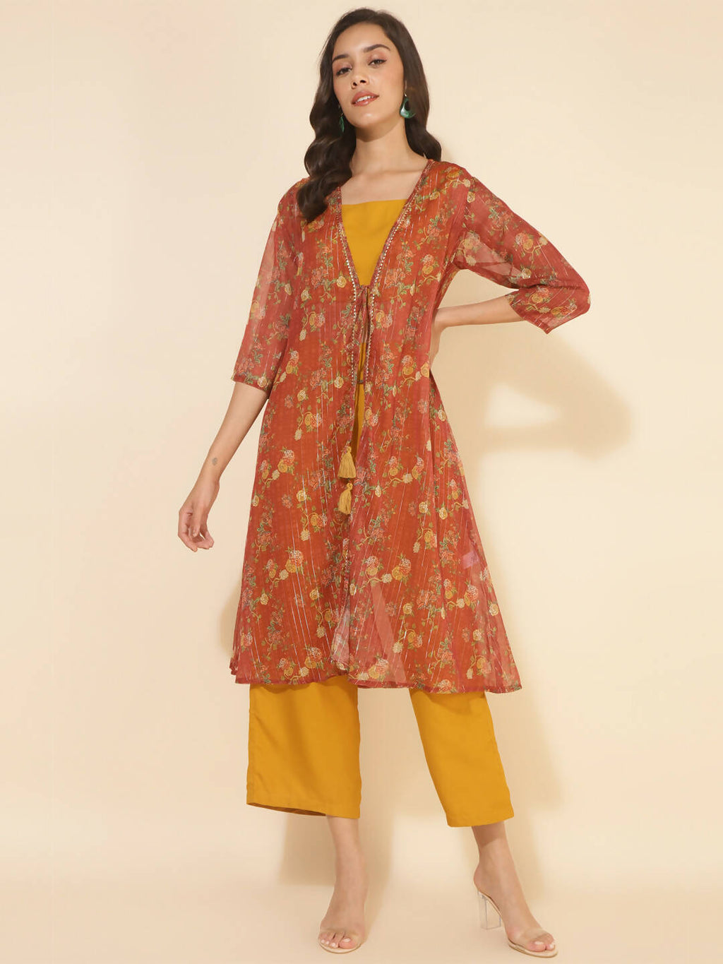 Janasya Women's Mustard Moss Solid Festive Crop Top Set