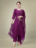Jyoti Fashion Women's Purple Cotton Blend Embroidery & Sequence work Kurta with Trouser & Dupatta