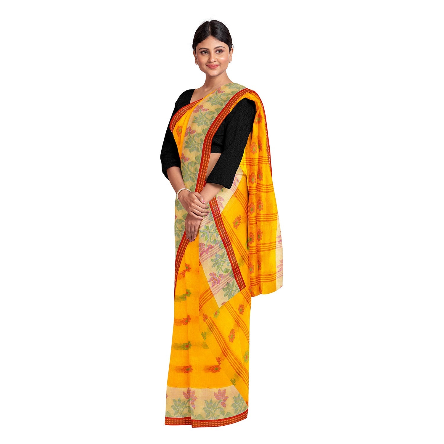 Exclusive Collection 100% Pure Cotton Yellow Tant Saree With Hand Weaving Work