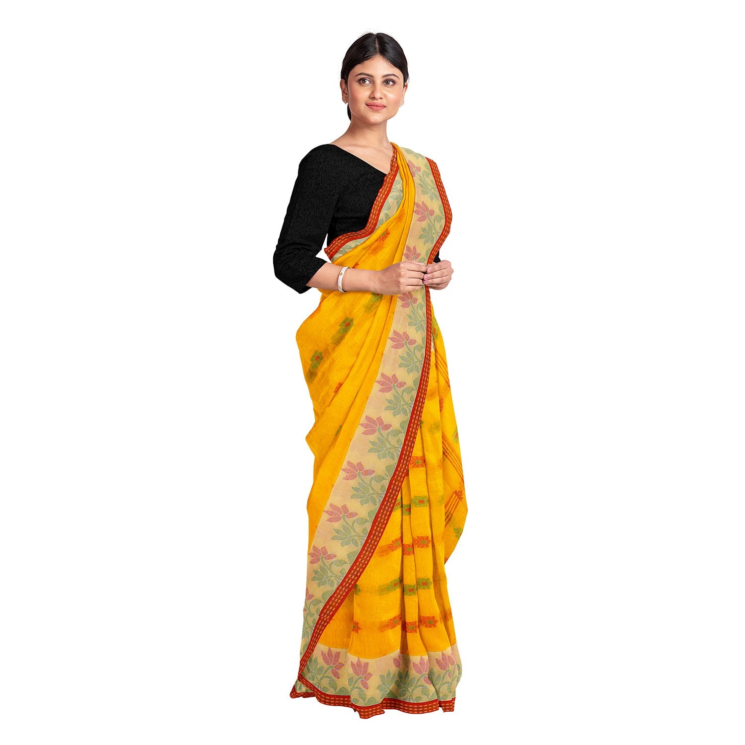 Exclusive Collection 100% Pure Cotton Yellow Tant Saree With Hand Weaving Work