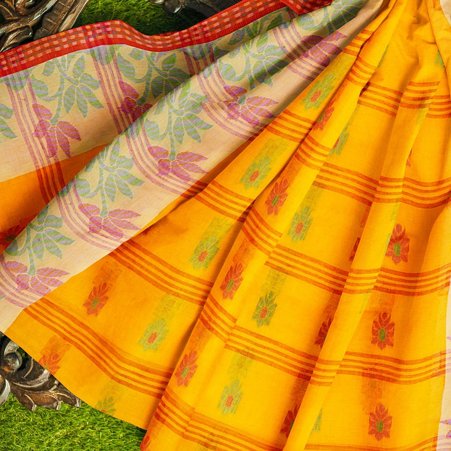Exclusive Collection 100% Pure Cotton Yellow Tant Saree With Hand Weaving Work