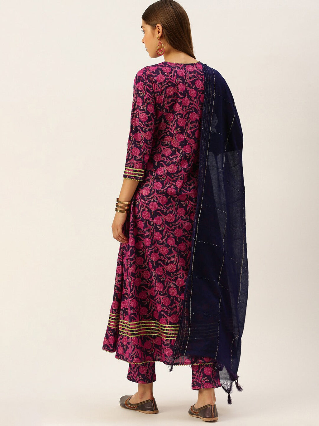 HERE&NOW Women Pink & Navy Blue Printed Pure Cotton Kurta with Trousers & With Dupatta
