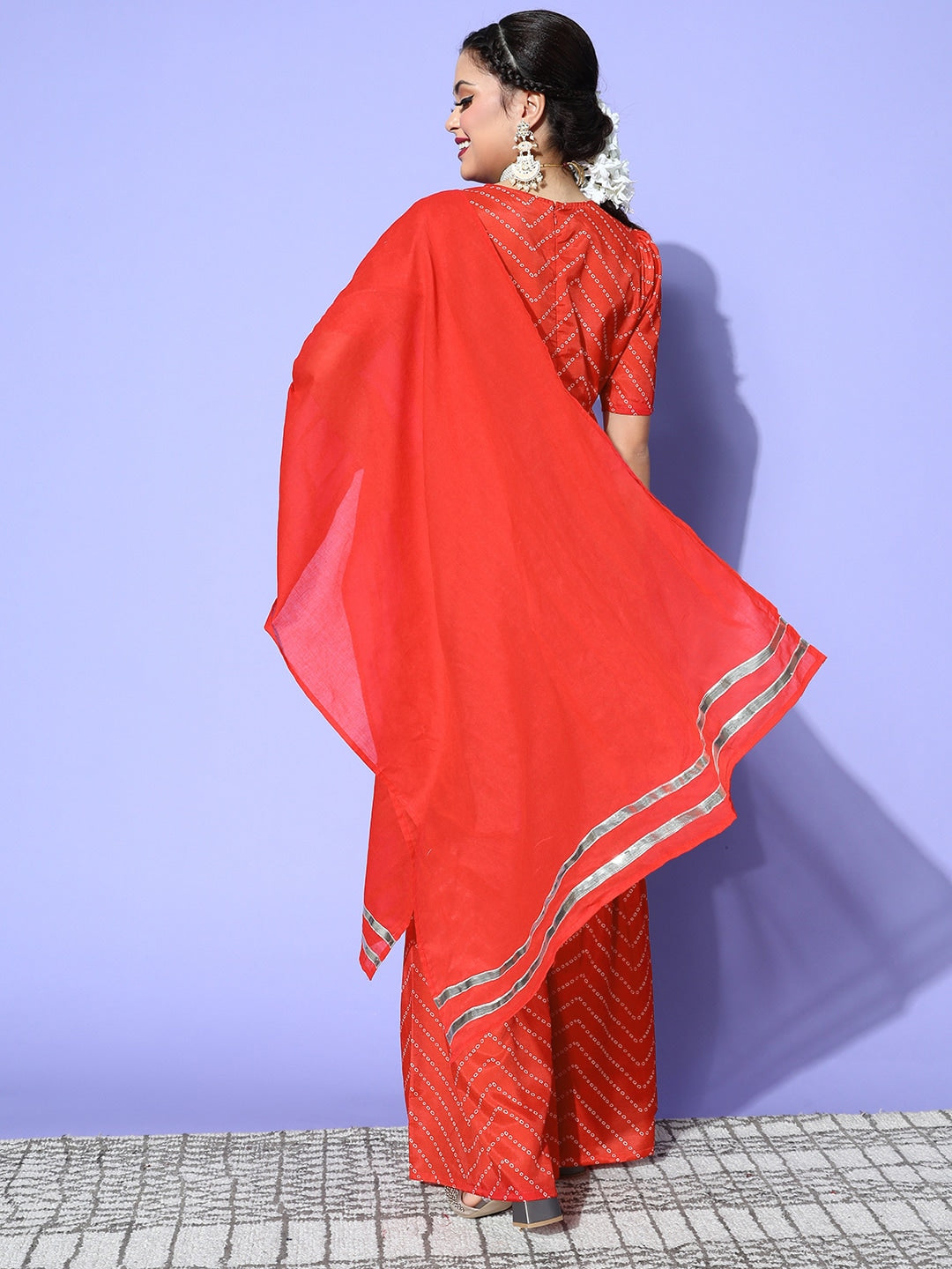 HERE&NOW Women Bandhani Polyester Fusion Bottom Kurta Set
