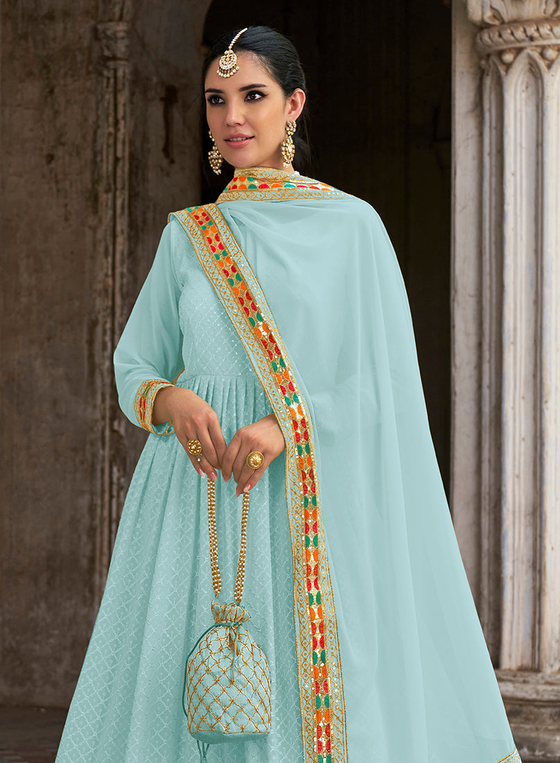Monjolika Fashion Sky Blue Color Georgette Embroidered Floor Length Anarkali Suit