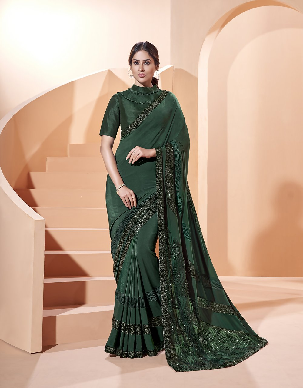 Green Lycrathread, Sequins And Fur Embroidery Saree - Norita Hit