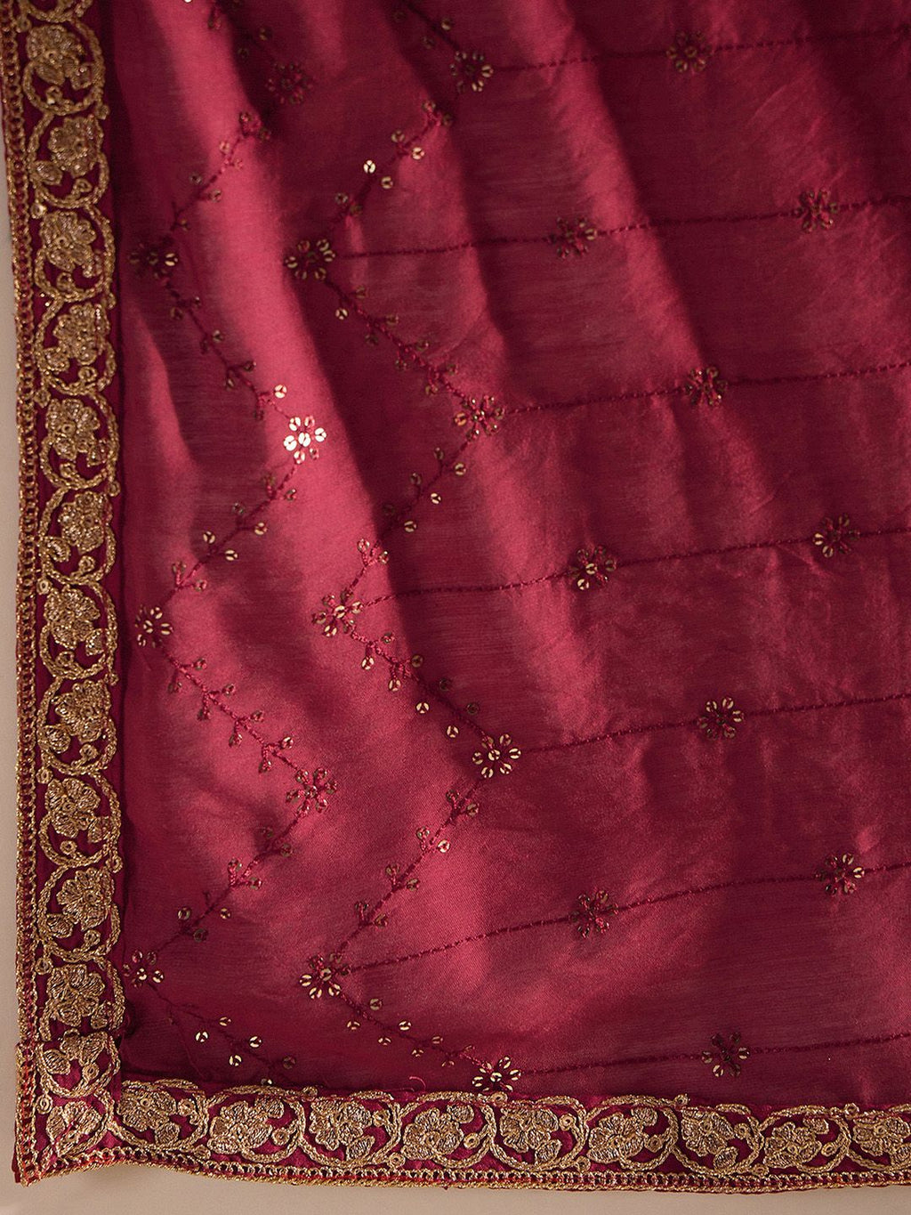 Indo Era Red Floral Embroidered Regular Kurta with Trousers & Dupatta