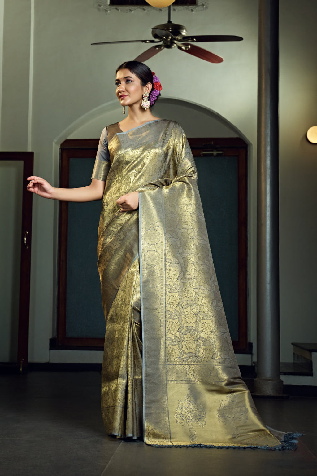 Vardha Platinumm Grey Zari Work Kanjeevaram Silk Saree