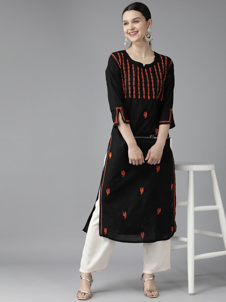 ADA Women Black & Orange Ethnic Motifs Embroidered Chikankari Kurta