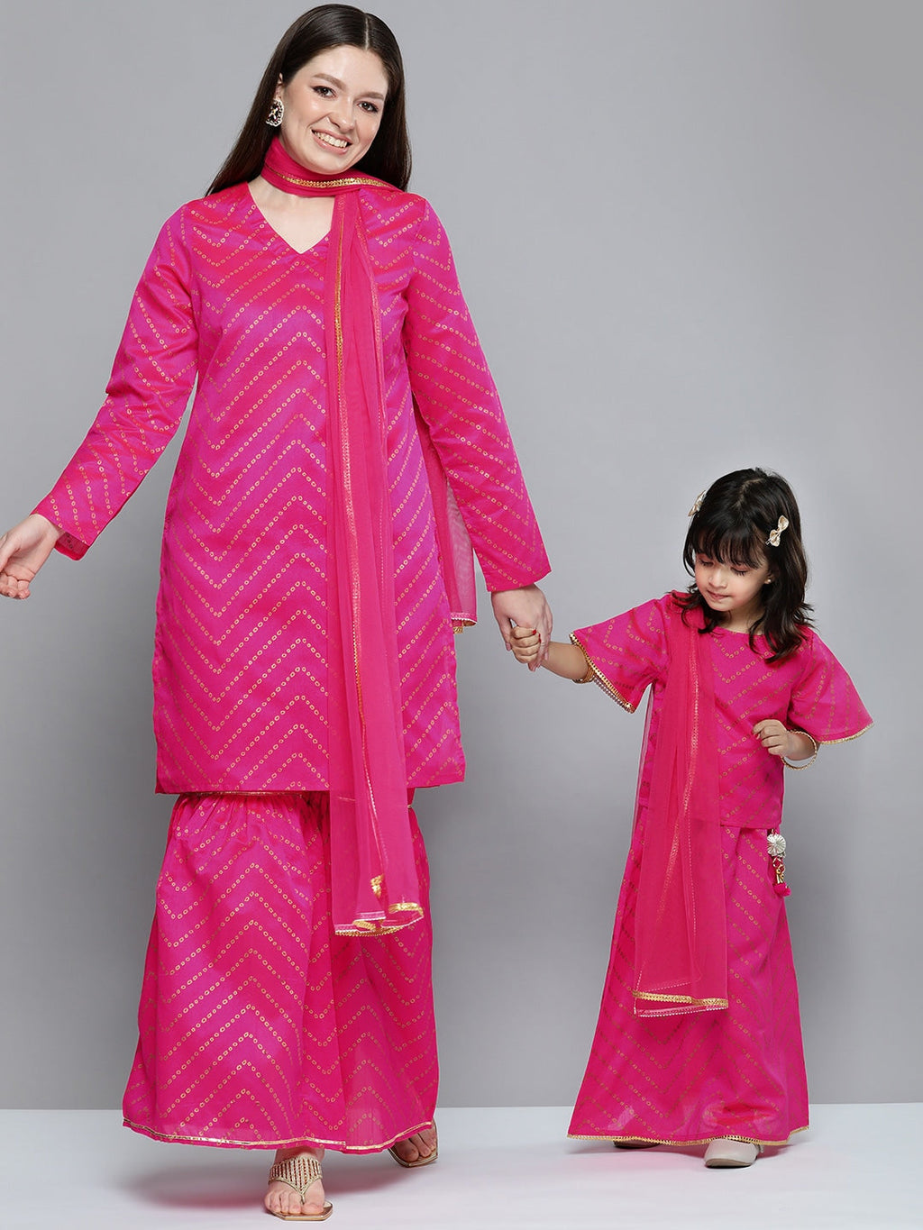 HERE&NOW Women Pink Ethnic Motifs Printed Gotta Patti Kurta with Sharara With Dupatta