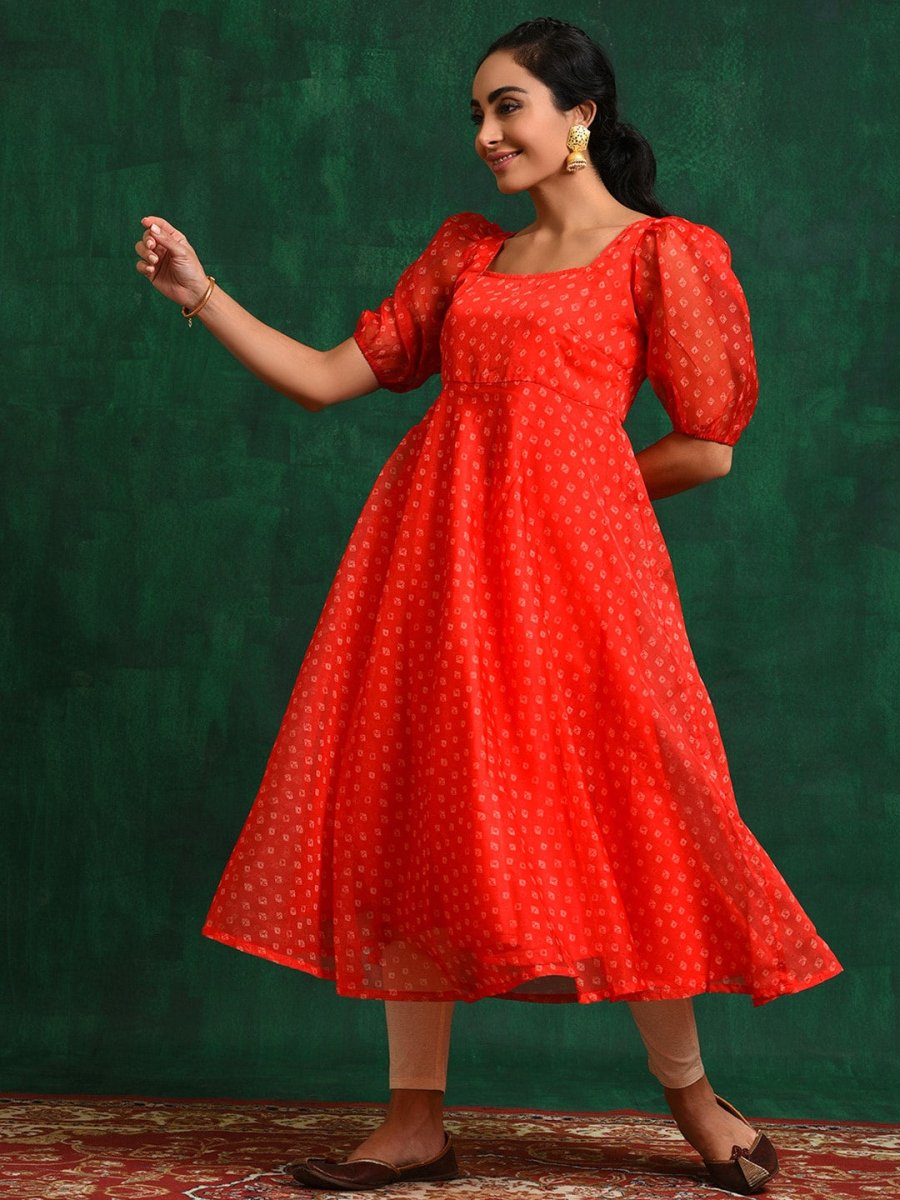 Aks Geometric Printed Sweetheart Neck Puff Sleeves Anarkali Kurta