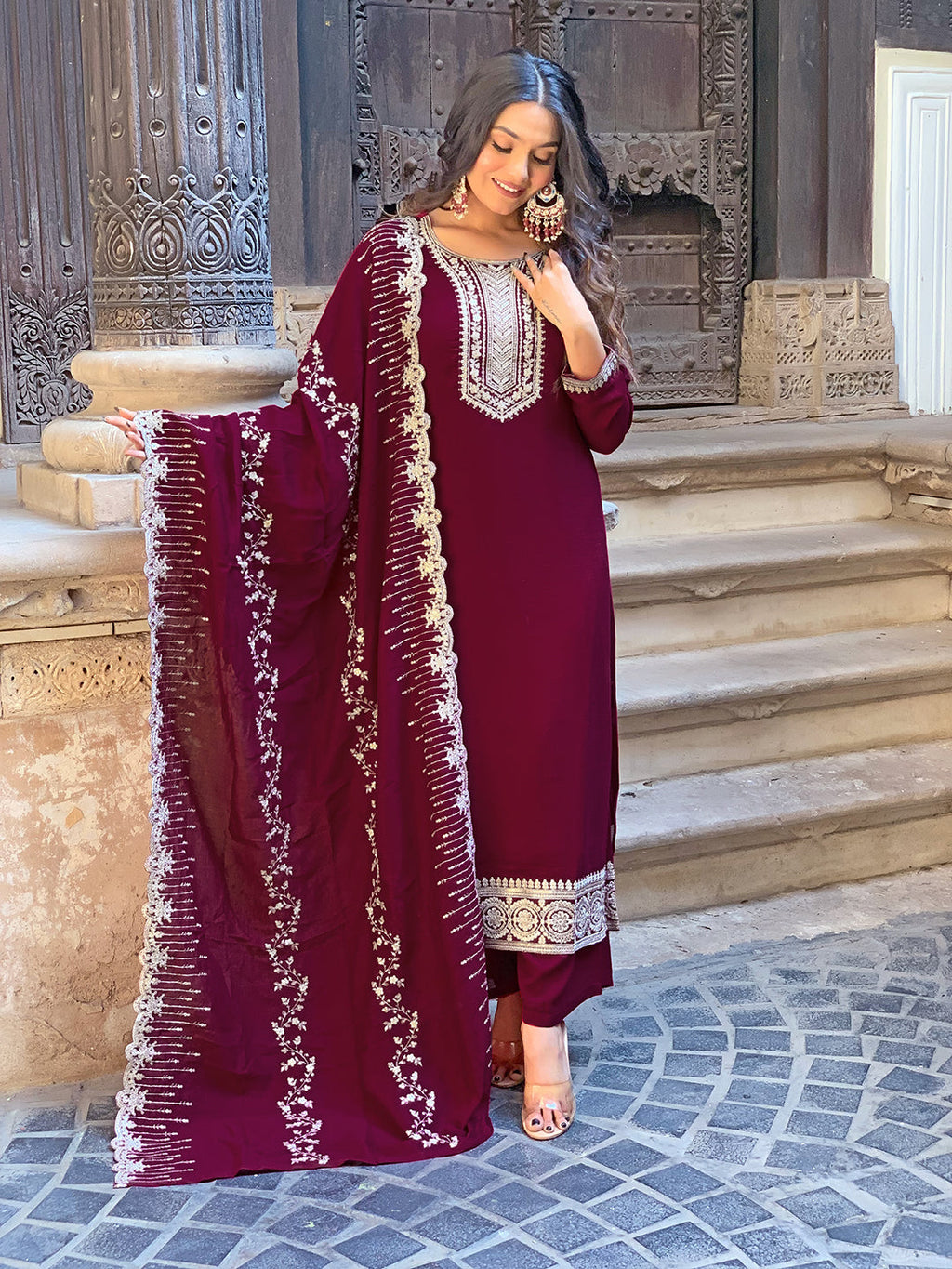 The52 Wine Embroidered Viscose Fabric Straight Kurta, Pant and Dupatta Set