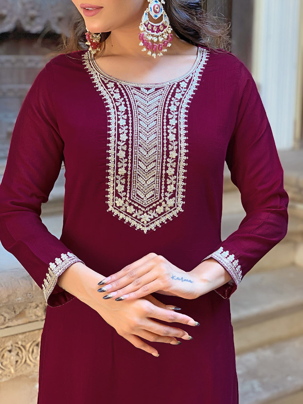 The52 Wine Embroidered Viscose Fabric Straight Kurta, Pant and Dupatta Set
