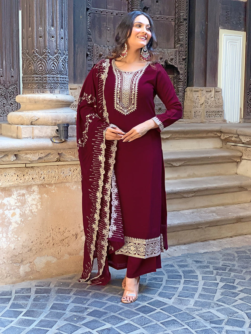 The52 Wine Embroidered Viscose Fabric Straight Kurta, Pant and Dupatta Set
