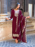 The52 Wine Embroidered Viscose Fabric Straight Kurta, Pant and Dupatta Set