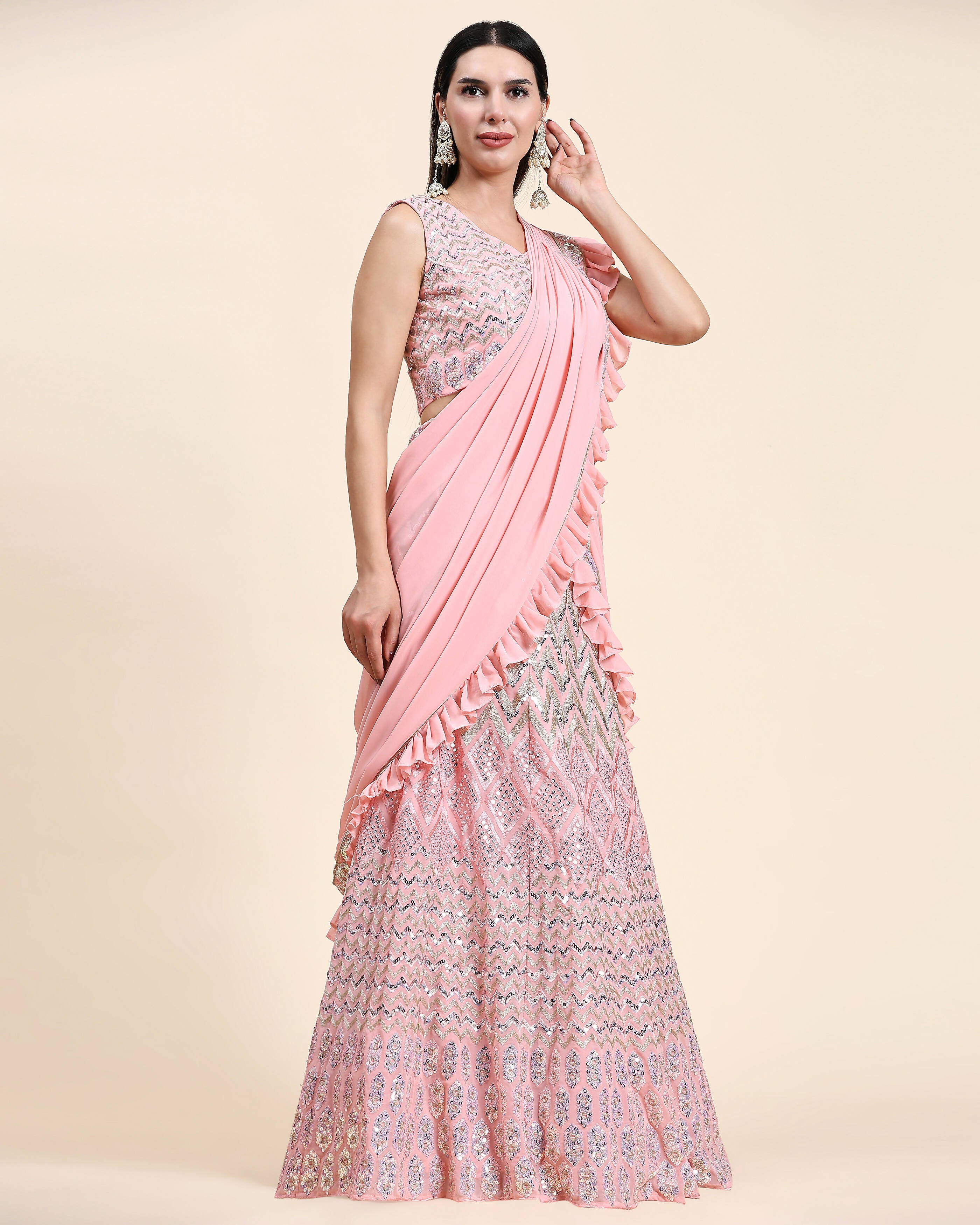 Pink Pure Viscose Georgette Thread With Sequins Embroidery Work Lehenga Choli With Dupatta - Tanya