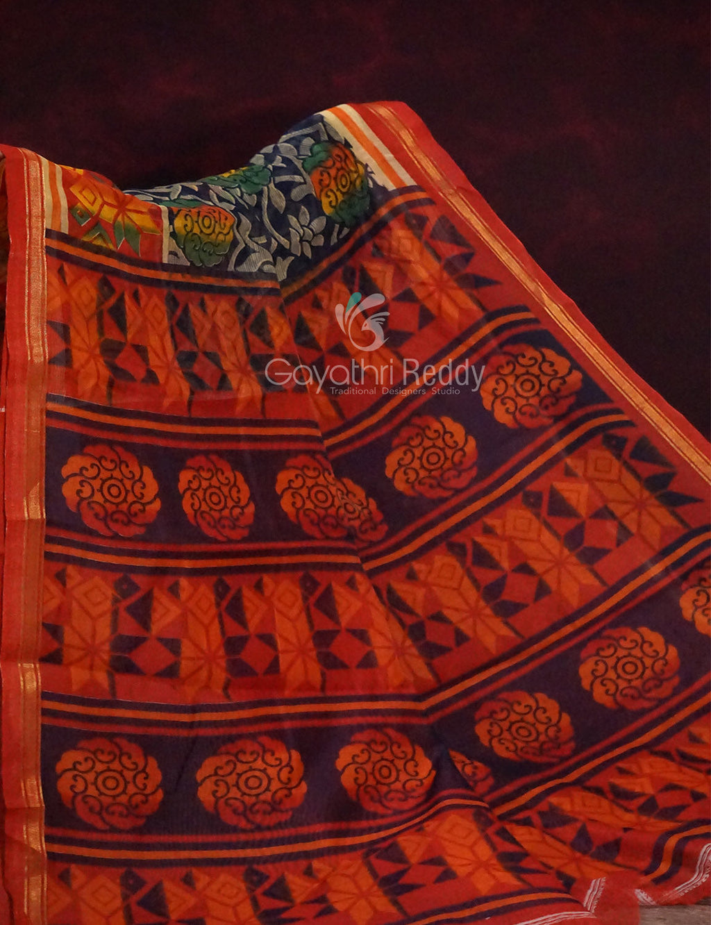 Shades of Dark Navy Blue With Orange Blouse Creeper Design Semi Chanderi Saree By Gayathri Reddy Designer Studio