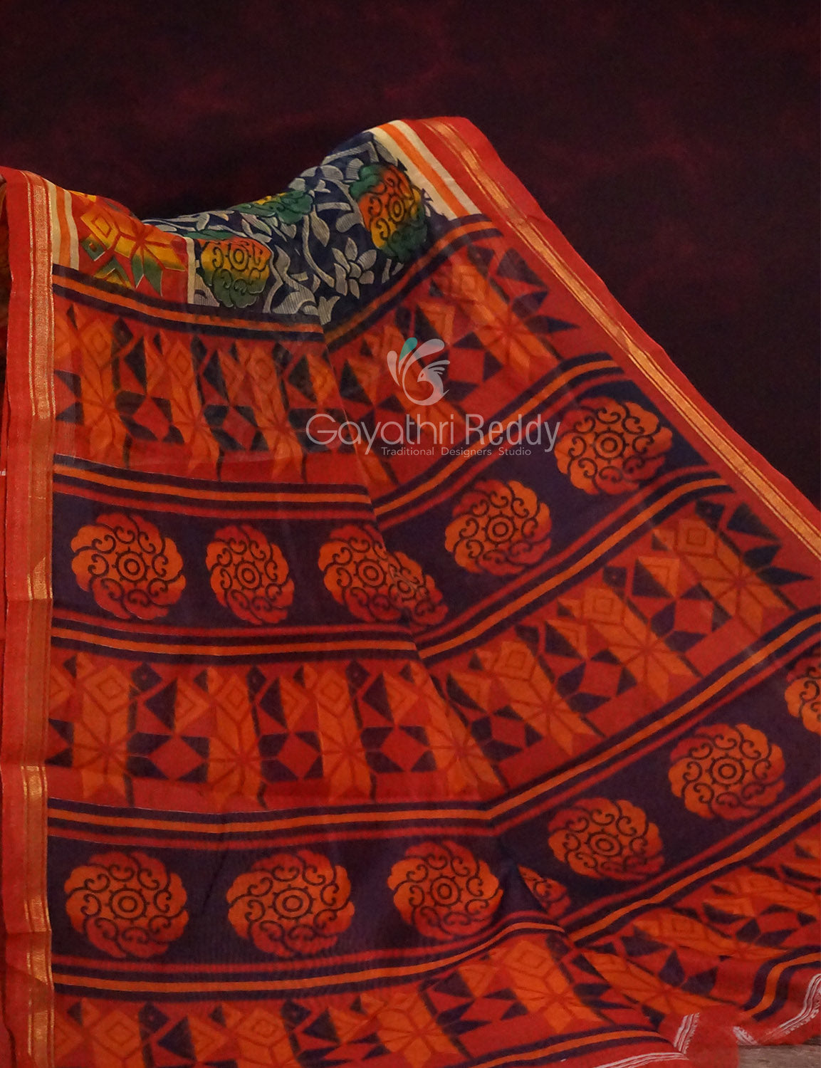 Shades of Dark Navy Blue With Orange Blouse Creeper Design Semi Chanderi Saree By Gayathri Reddy Designer Studio