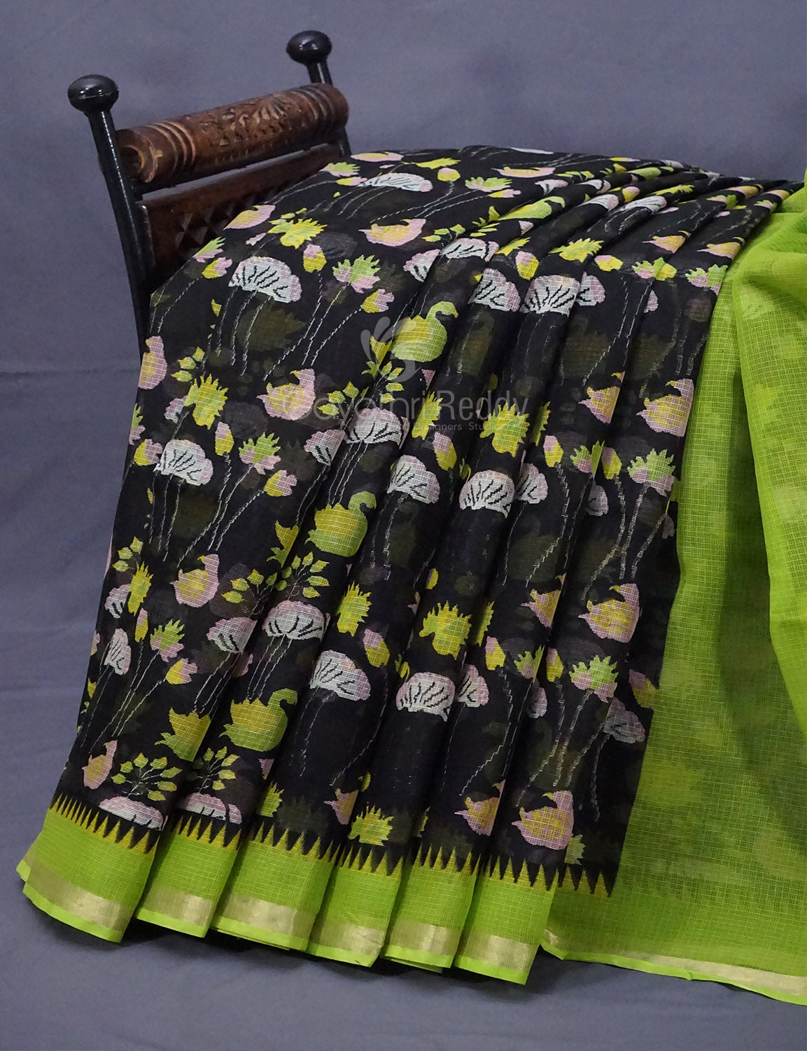 Black and Parrot Green Pichwau Design Pure Kota Cotton Saree By Gayathri Reddy Designer Studio