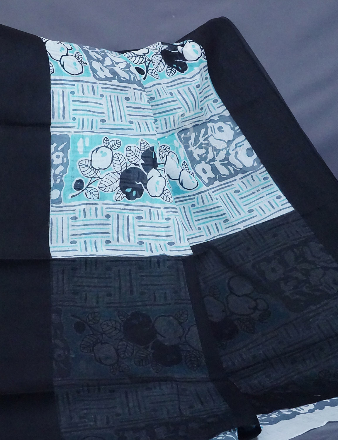 Shades of Sky Blue And Black Colour Floral Print Pure Mulmul Cotton Saree By Gayathri Reddy Designer Studio