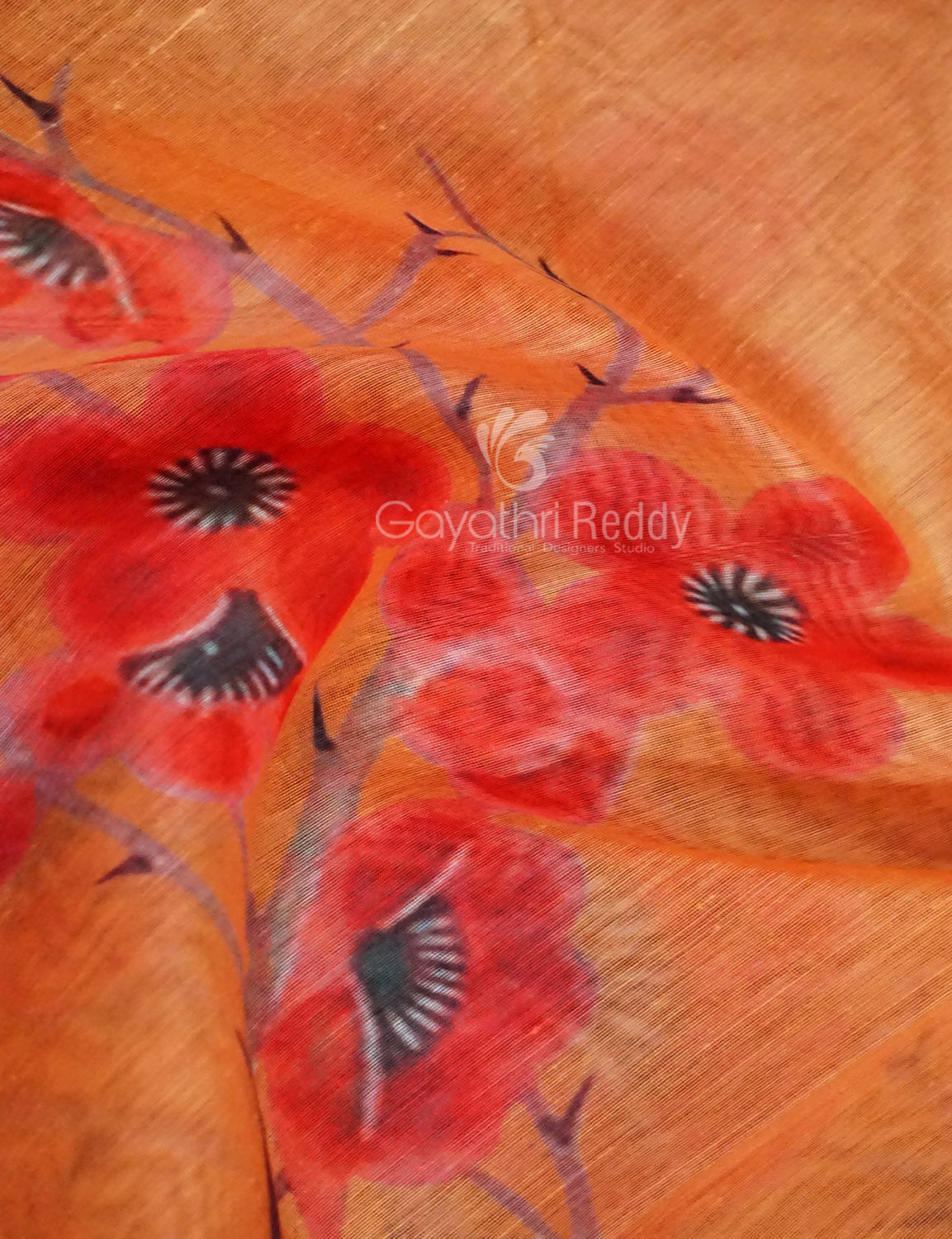 Shades of Light Orange Floral Print Semi Chanderi Saree By Gayathri Reddy Designer Studio