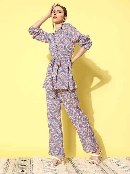 InWeave Women's Blue Pink Ogee Print Belted Coord Set
