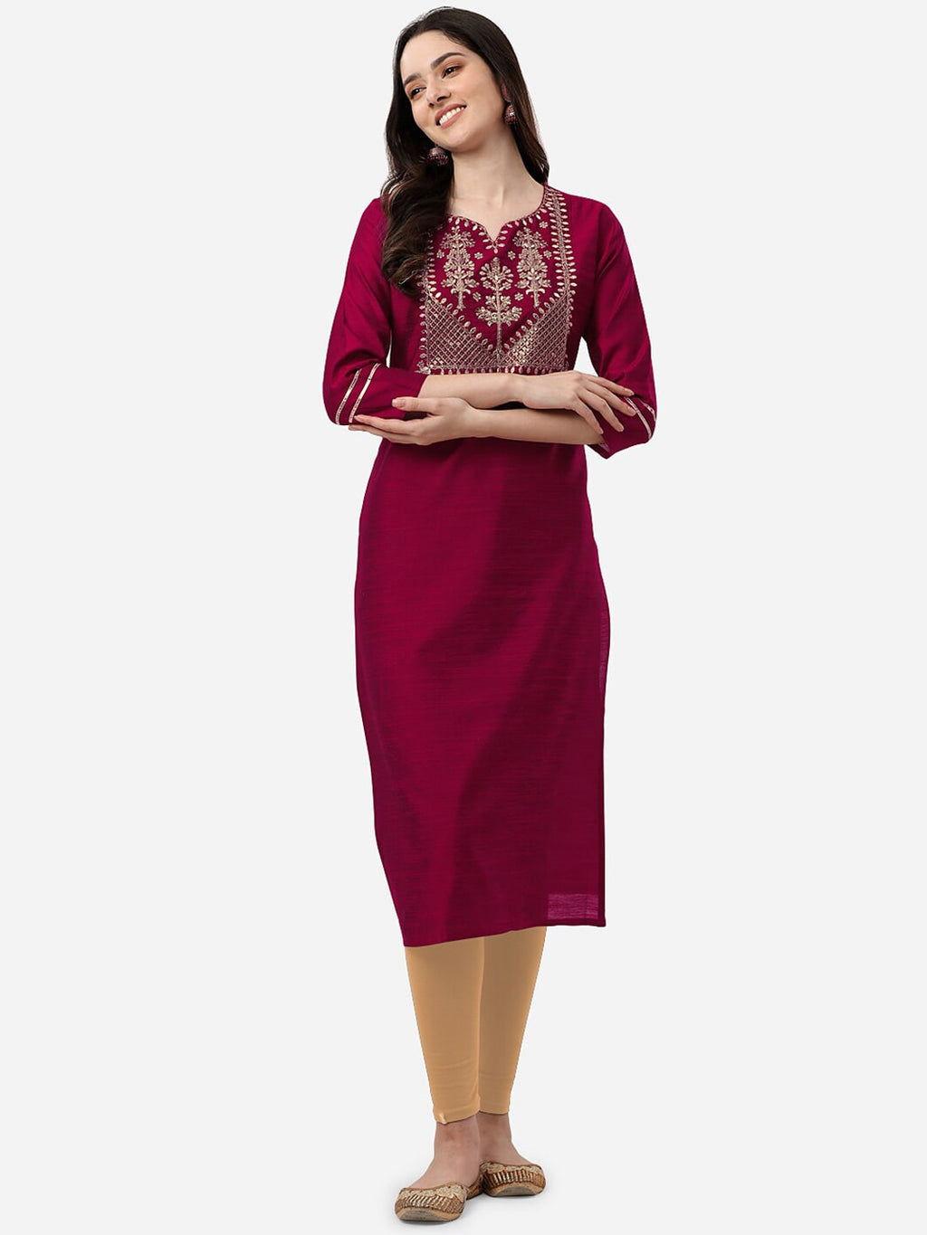 HERE&NOW Women Magenta & Golden Floral Embroidered Kurta