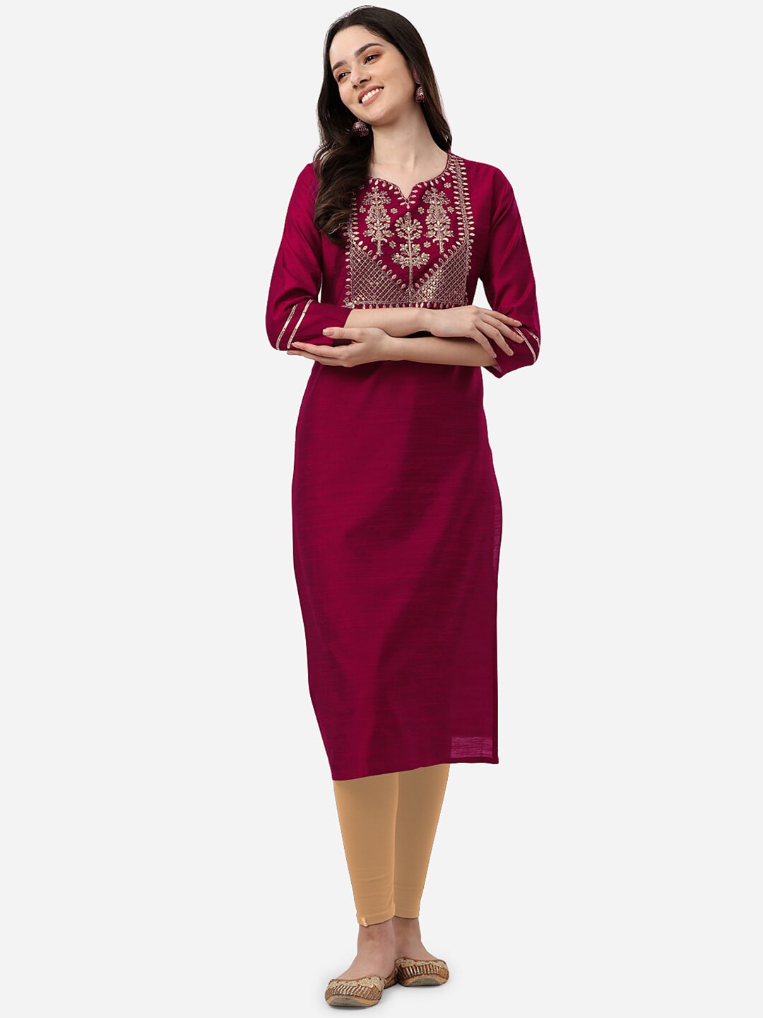 HERE&NOW Women Magenta & Golden Floral Embroidered Kurta