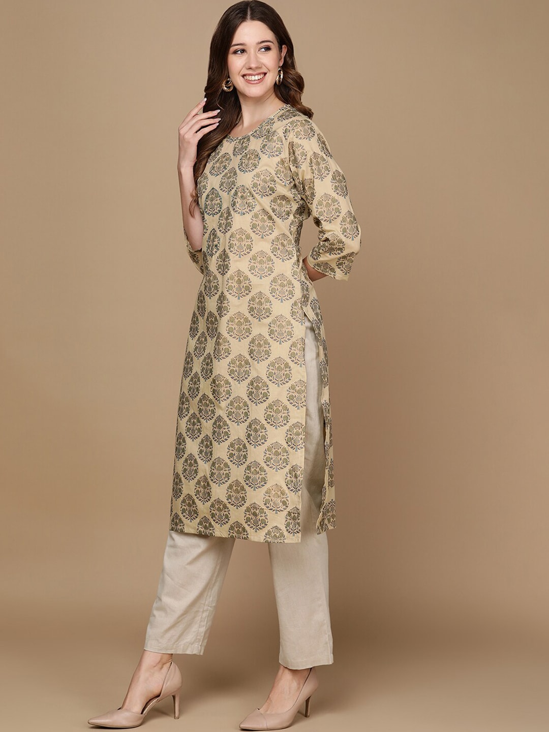 HERE&NOW Beige & Green Ethnic Motifs Printed Sequinned Thread Work Cotton Kurta