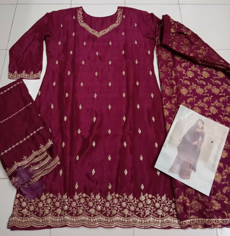 Vastranavya Exquisite Wine Heavy Chinon with Embroidered & Sequins Work Salwar Suits