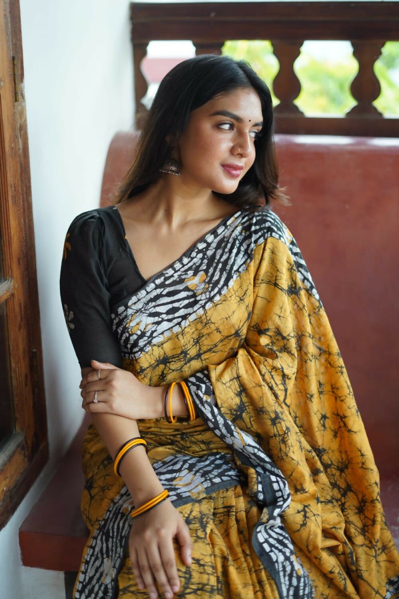 Arfa Fashion House Mustered Combination Pure Chanderi Cotton Batik Printed Saree