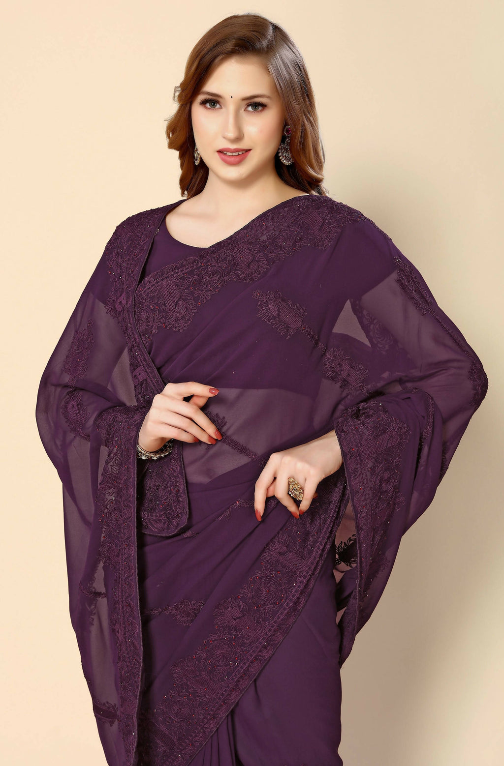 Purple Georgette Embroidered and Stone Work Saree with Unstitched Blouse Piece - Roozal
