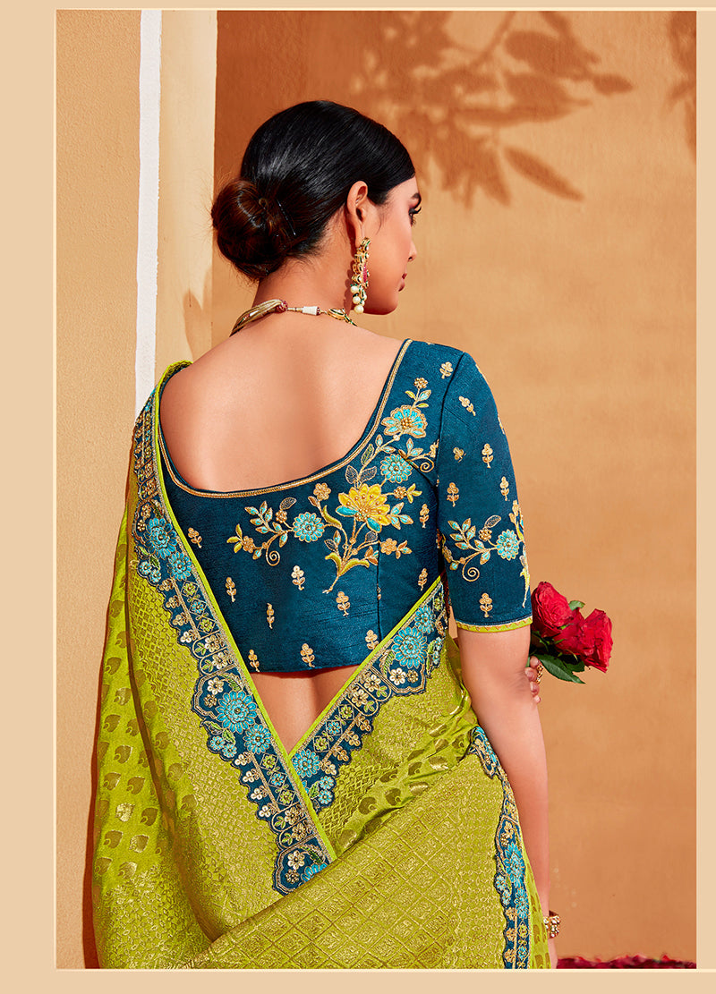 Monjolika Fashion Light Green And Teal Color Heavy Silk Embroidered Half Nd Half Saree