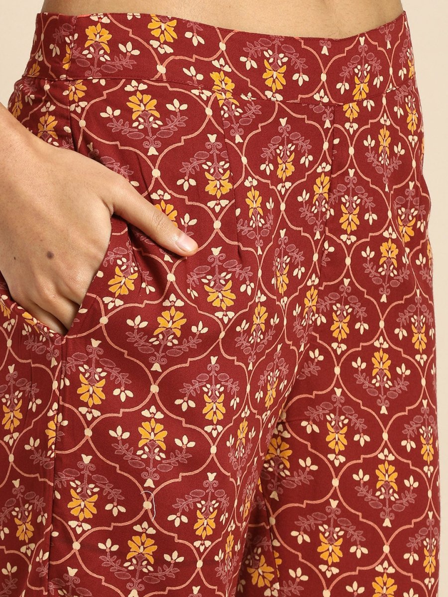 All About You Women Red Floral Embroidered Regular Thread Work Kurta with Trousers
