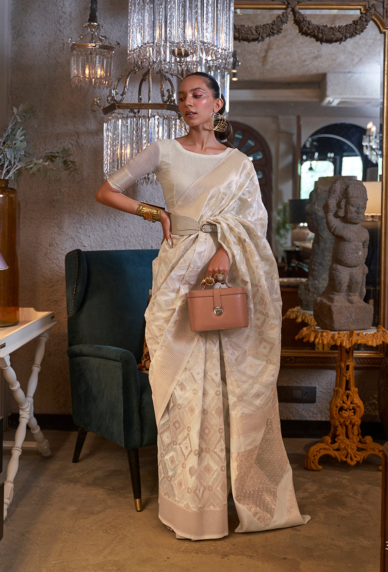 Monjolika Fashion Off White Color Linen Trendy Saree With Blouse