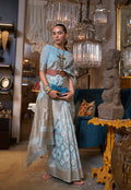Monjolika Fashion Sky Blue Color Linen Trendy Saree With Blouse