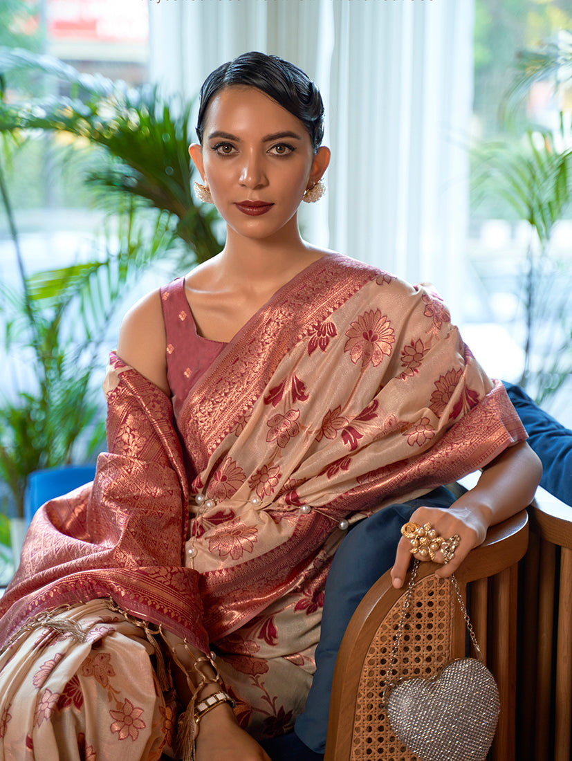 Monjolika Fashion Blush Pink Color Organza Weaving Print Saree