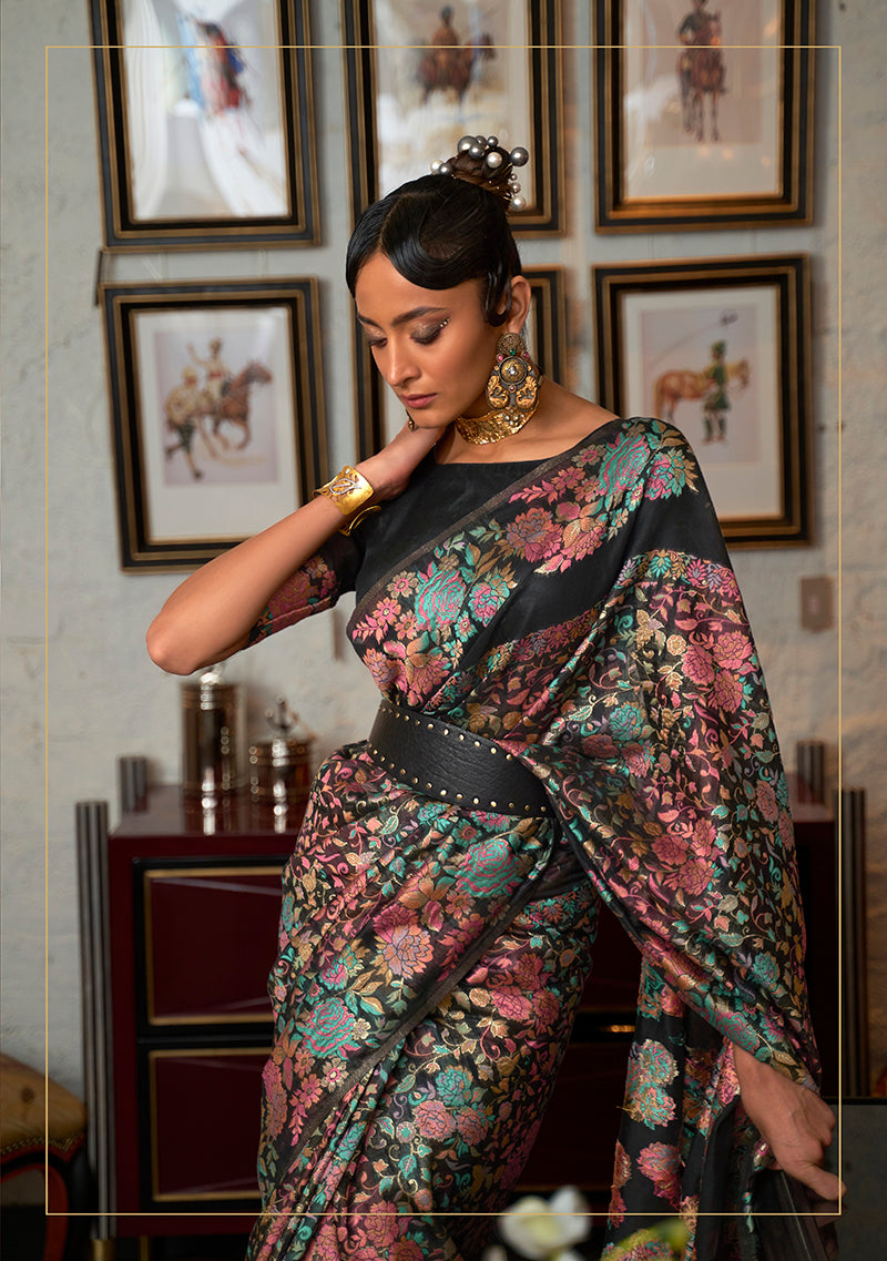 Monjolika Fashion Black Color Silk Printed Classic Saree