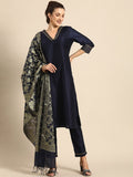 All About You Women Navy Blue Zari Detailed Regular Kurta with Trousers & Dupatta