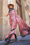Monjolika Fashion Satin Peach Printed Trendy Saree