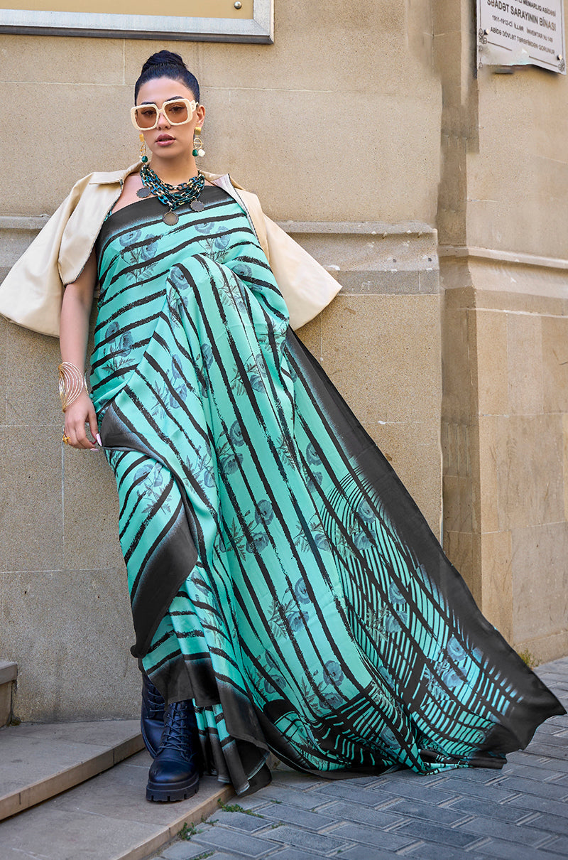 Monjolika Fashion Satin Turquoise Printed Trendy Saree